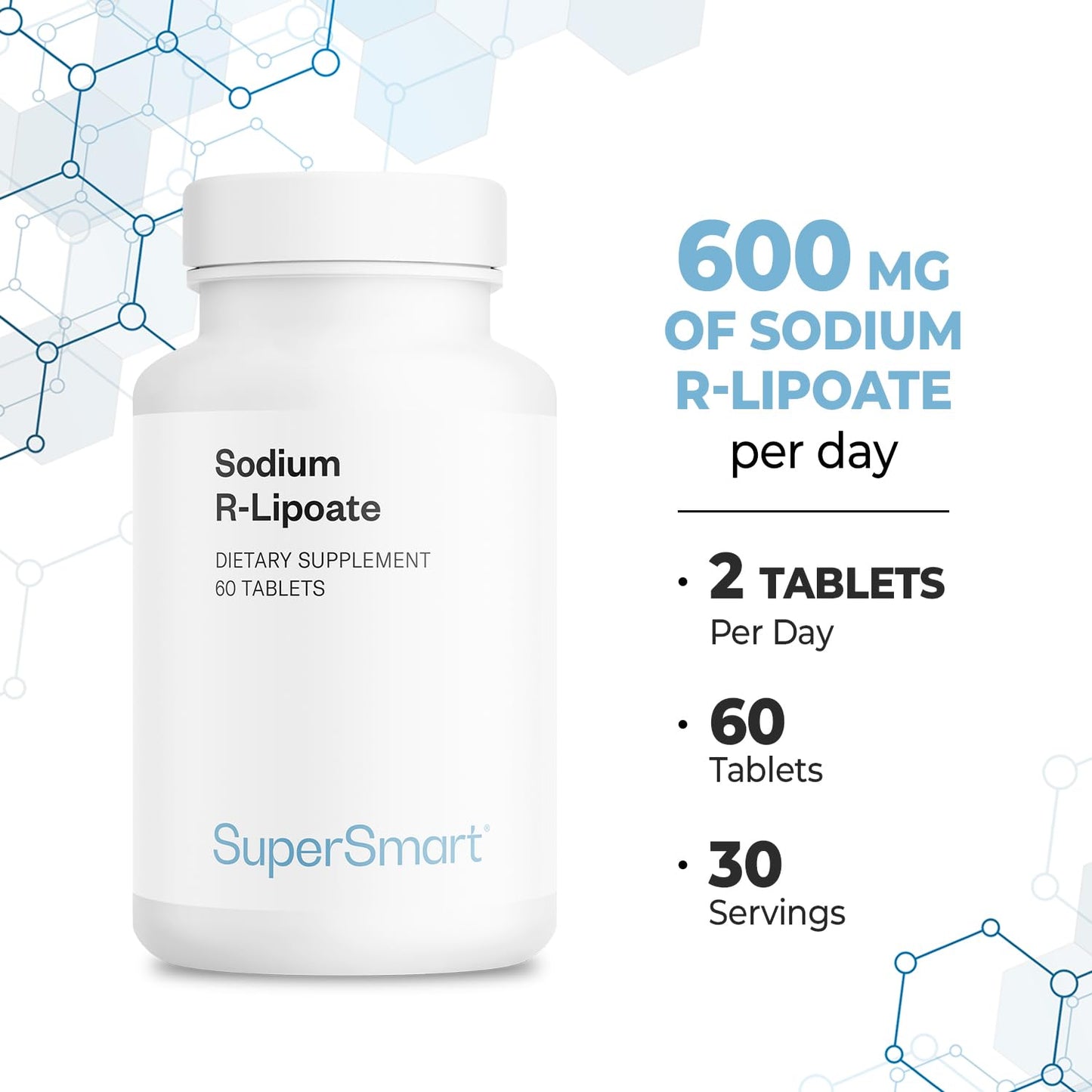 Supersmart Sodium R-Lipoate 600mg per Day (R-Alpha Lipoic Acid) Antioxidant Supplement, 60 Tablets