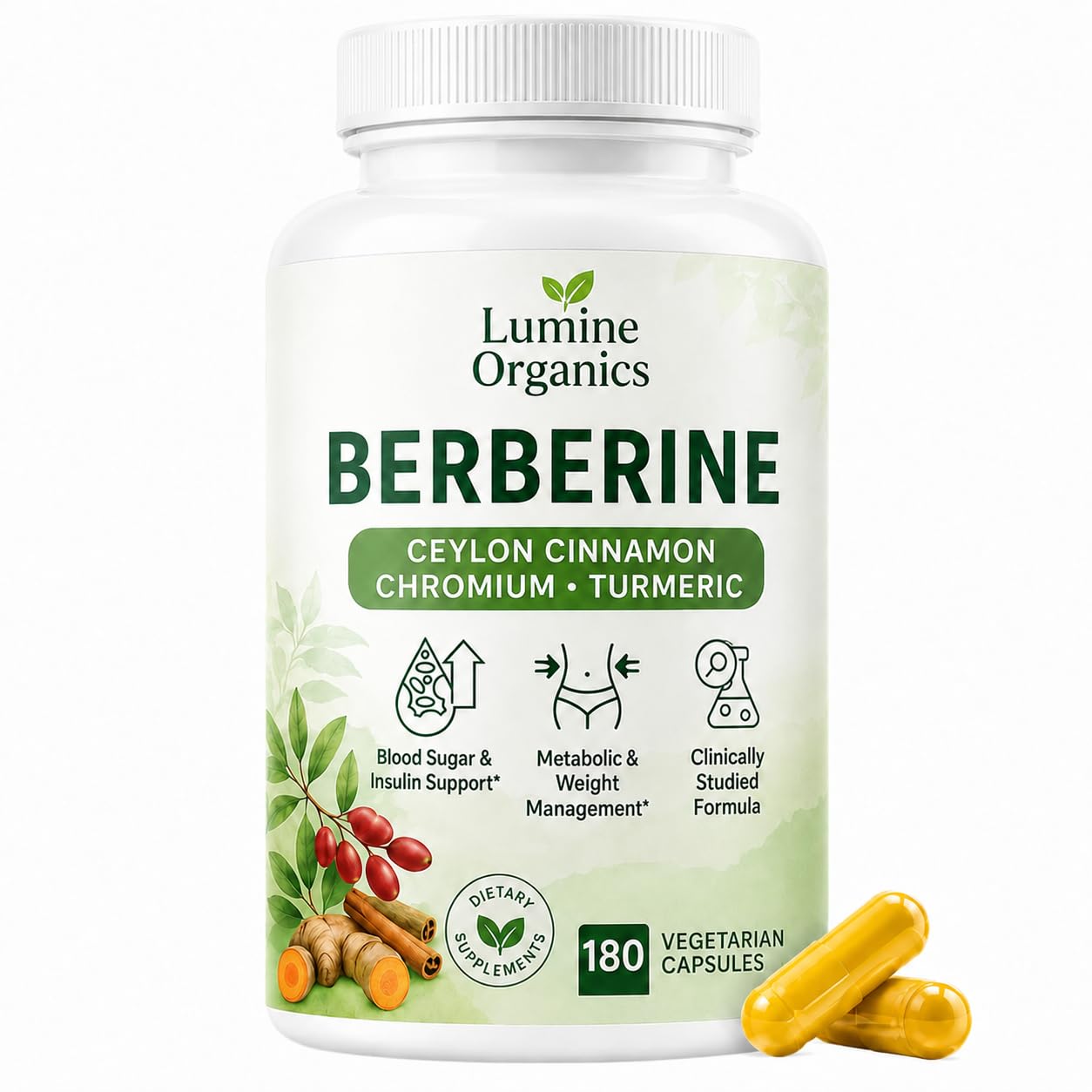 Lumine Organics Berberine Berberine Complex 4-in-1 with Ceylon Cinnamon & Turmeric - Everyday Metabolic Support & Nutrient Utilization, Softgels, 180