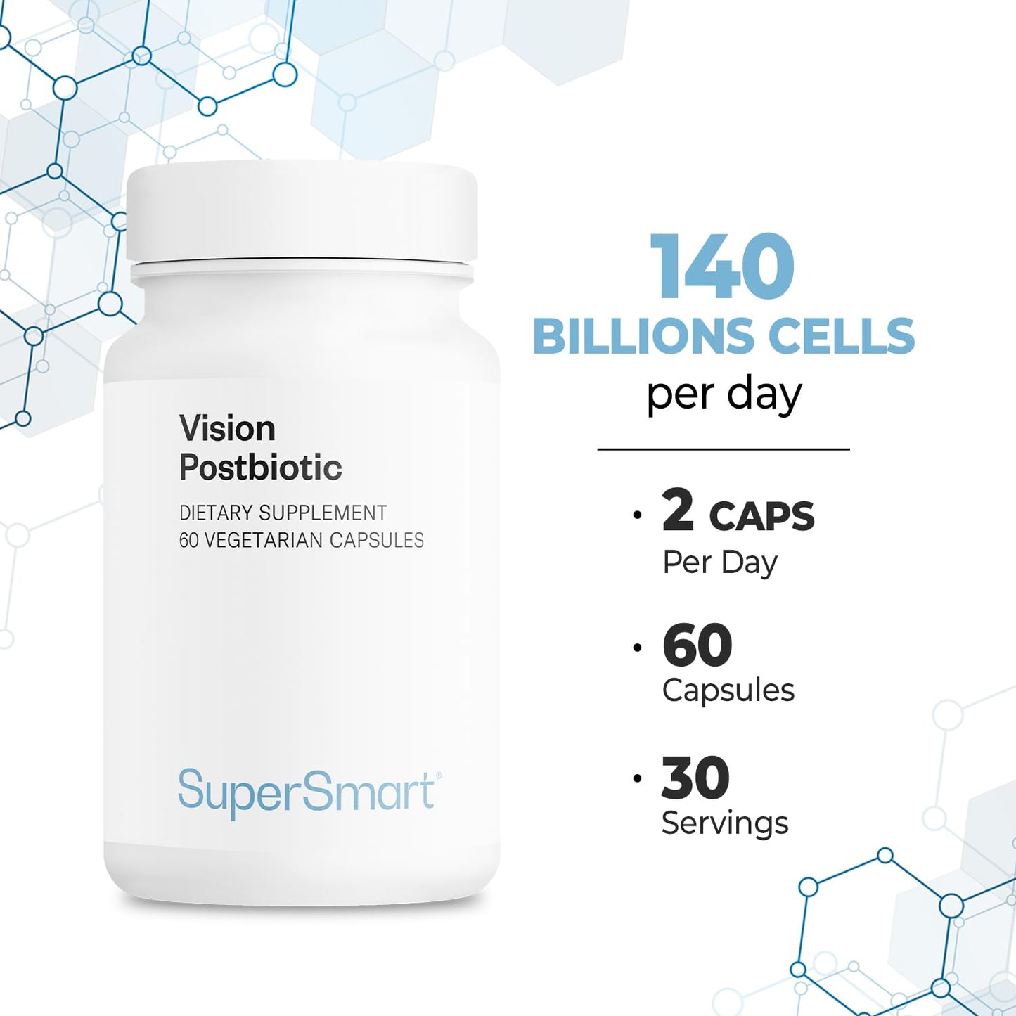Supersmart Vision Postbiotic 140 Billion Cells per Day (Patented) Eyes Fatigue Probiotic - Heat Treated Eyes Probiotic, Non-GMO & Gluten Free, 60 Capsules