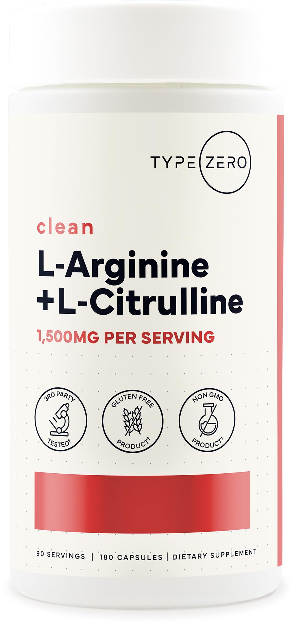 Type Zero L-Arginine + L-Citrulline Supplement (1500mg) Capsules, 180 Count