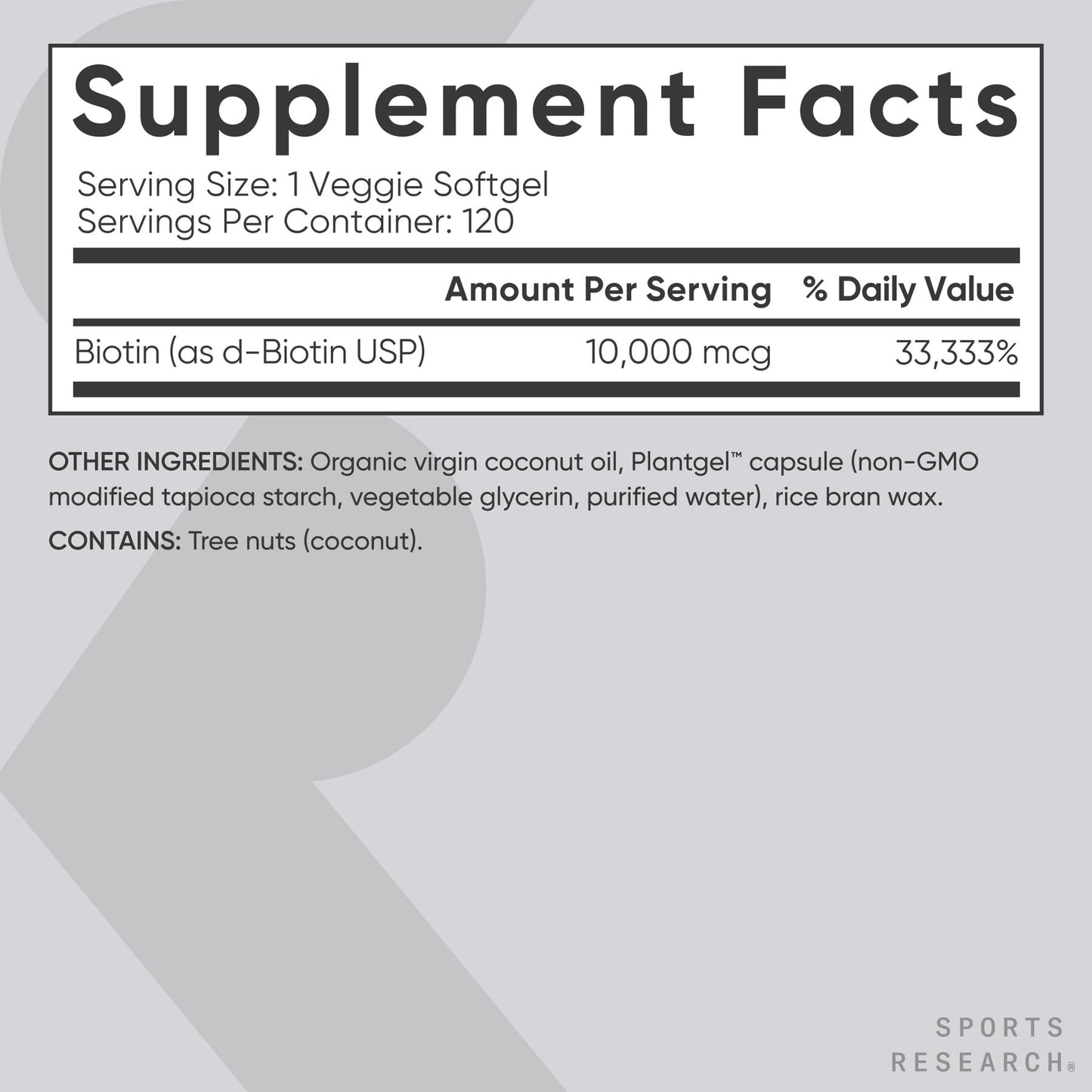 Sports Research Biotin 10,000mcg with Organic Coconut Oil Veggie Softgels 120