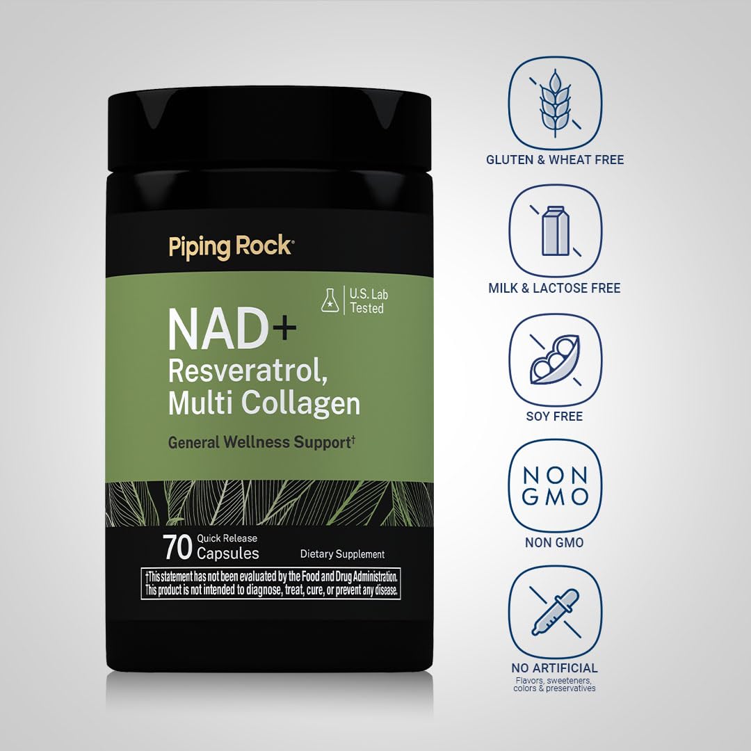 Piping Rock NAD Resveratrol Supplement Plus Collagen Capsules 70 Count