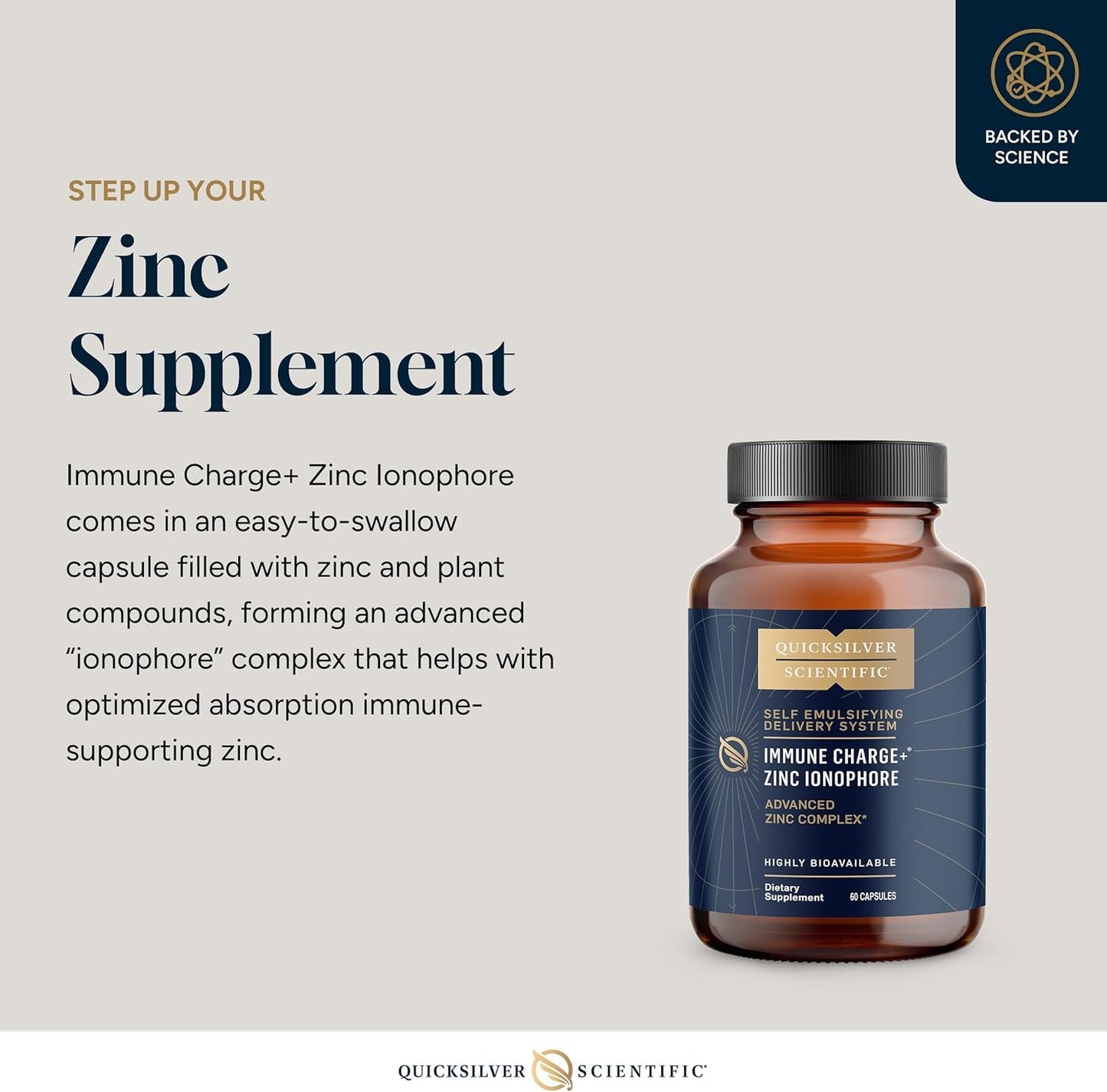 Quicksilver Scientific Immune Charge+ Zinc Ionophore Complexed with Quercetin, Luteolin, Hesperetin Immune + GI Support, 60 Capsules