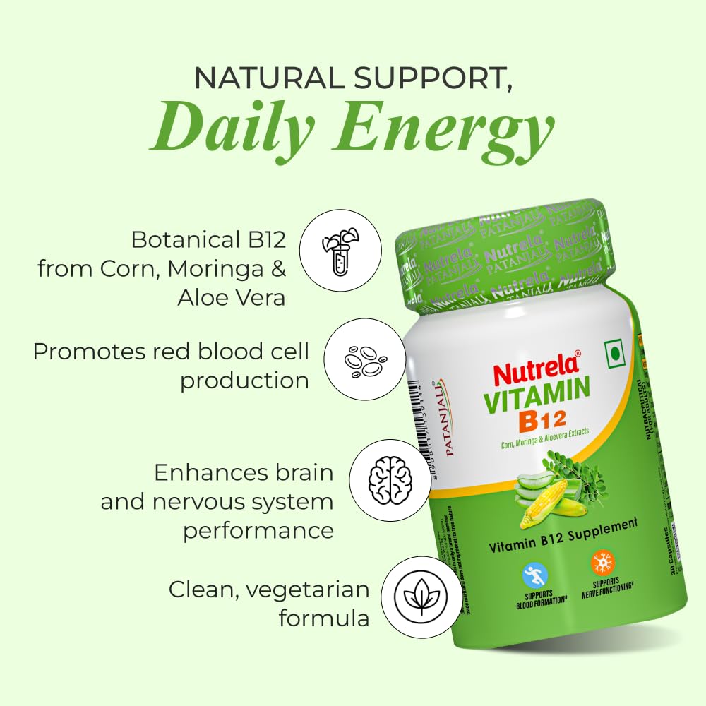 Nutrela Vitamin B12 Biofermented Plant Based Supplement for Men & Women with Moringa and Aloe Vera Extract Capsule, 30 Count