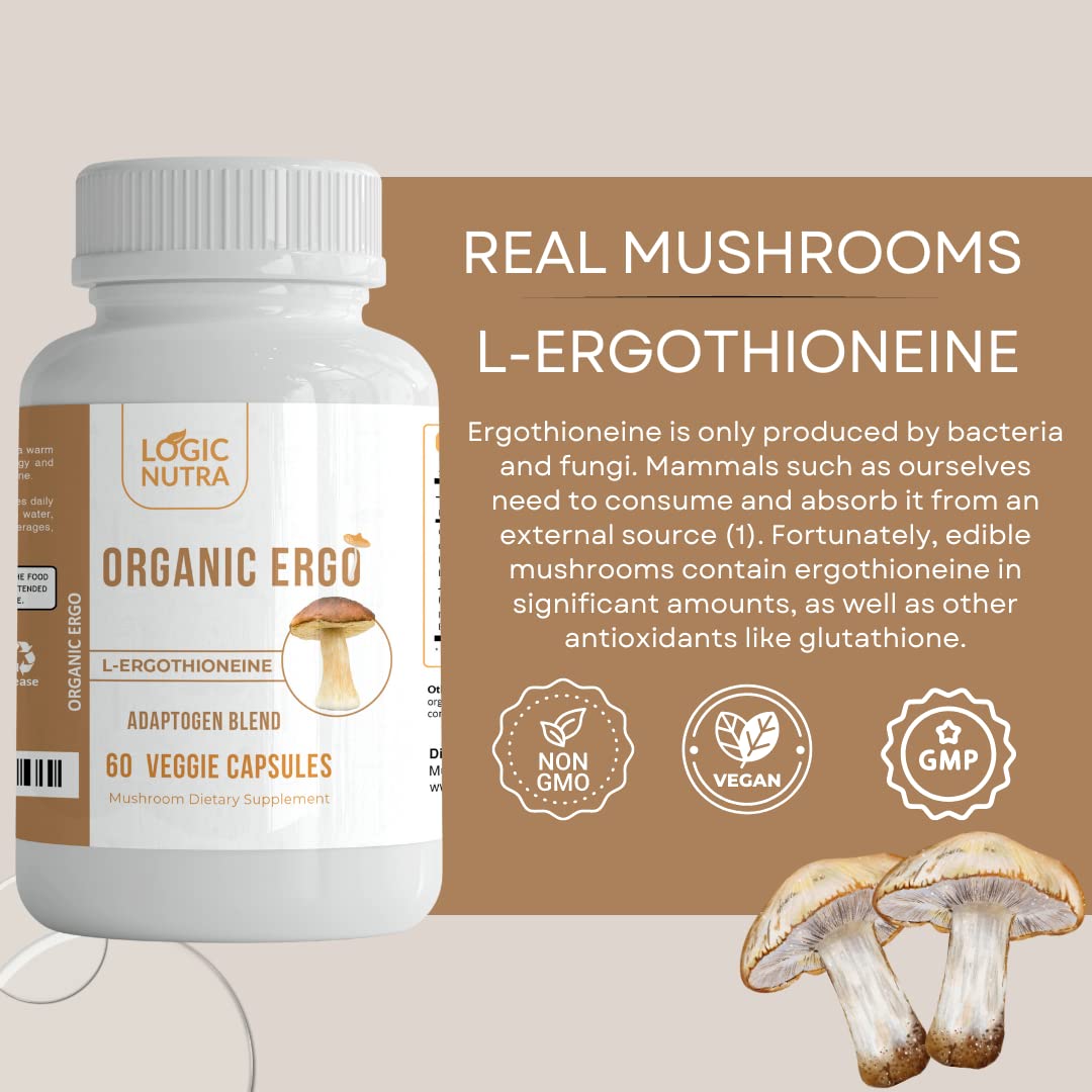 Logic Nutra L-Ergothioneine Plus Organic Blend of Cordyceps Mushroom, Lion’s Mane, Reishi, Astragalus, Siberian Ginseng, Ashwagandha Capsules, 60 Count
