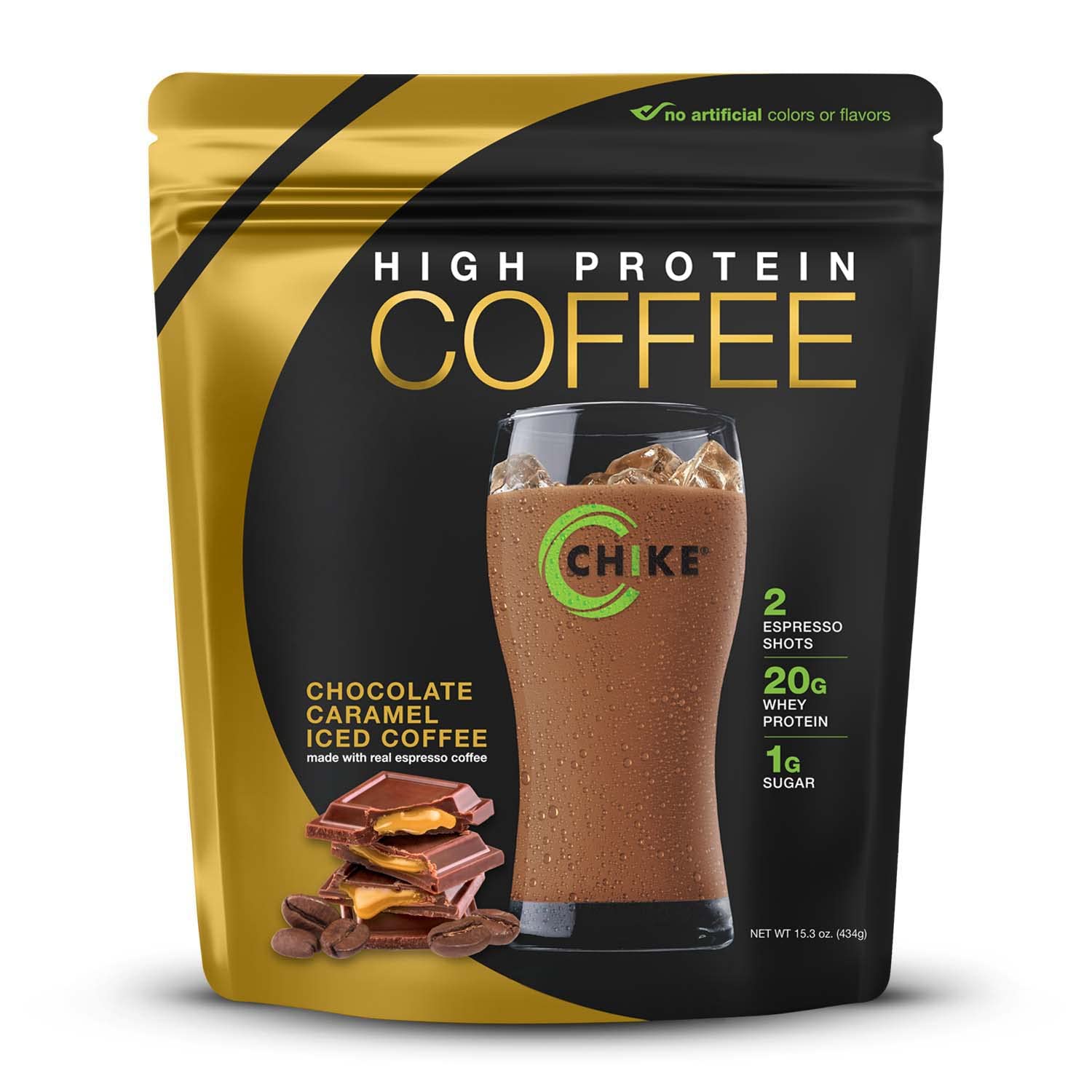 CHIKE Chocolate Caramel High Protein Iced Coffee Powder 15.3 Ounce