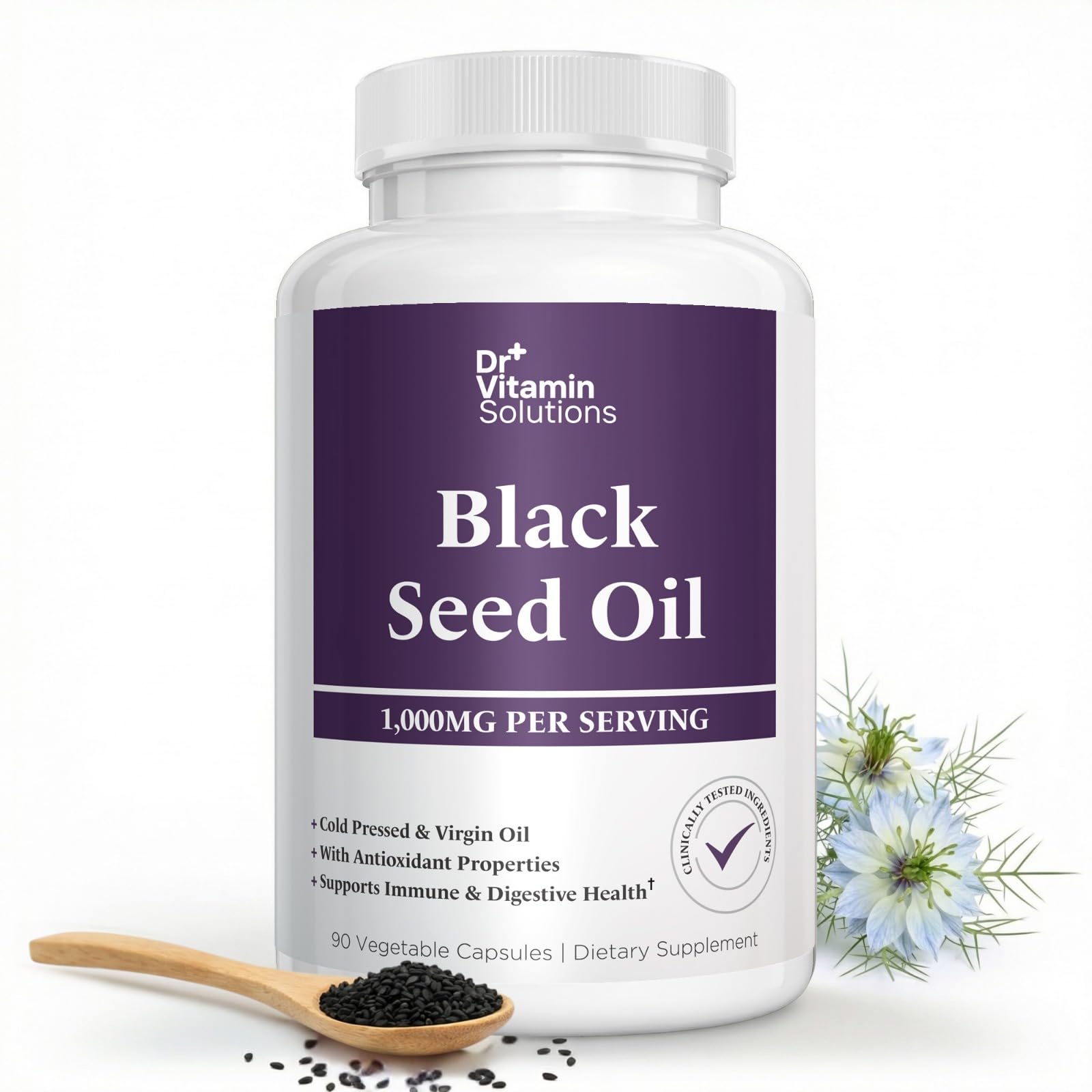 DR VITAMIN SOLUTIONS Black Seed Oil Capsules 1000mg – Cold Pressed Black Cumin Seed Oil (Nigella Sativa) with Thymoquinone – Antioxidant, Immune, Hair & Skin Support – Non-GMO, Vegan – 90 Capsules