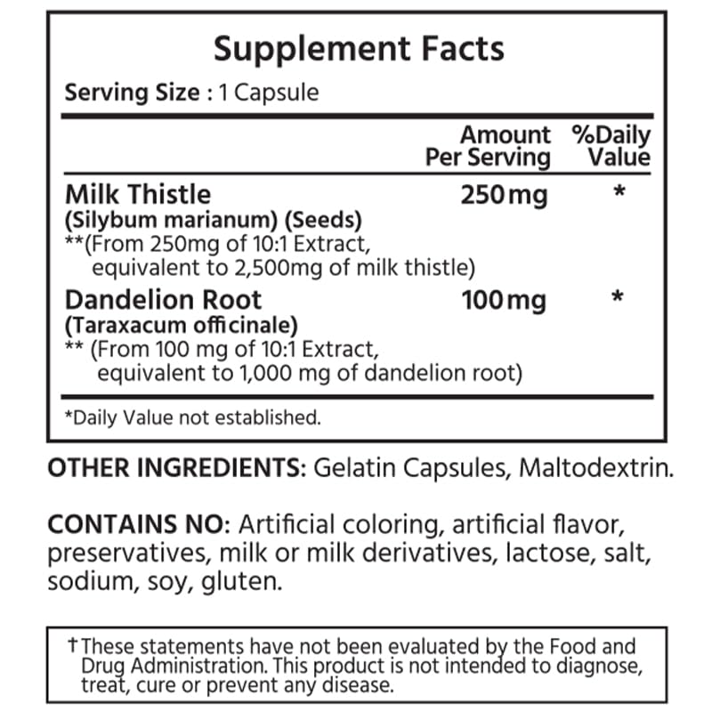 ML Naturals Milk Thistle & Dandelion Extract – 250mg Milk Thistle, 100mg Dandelion Root (Per Serving) 240 Capsules