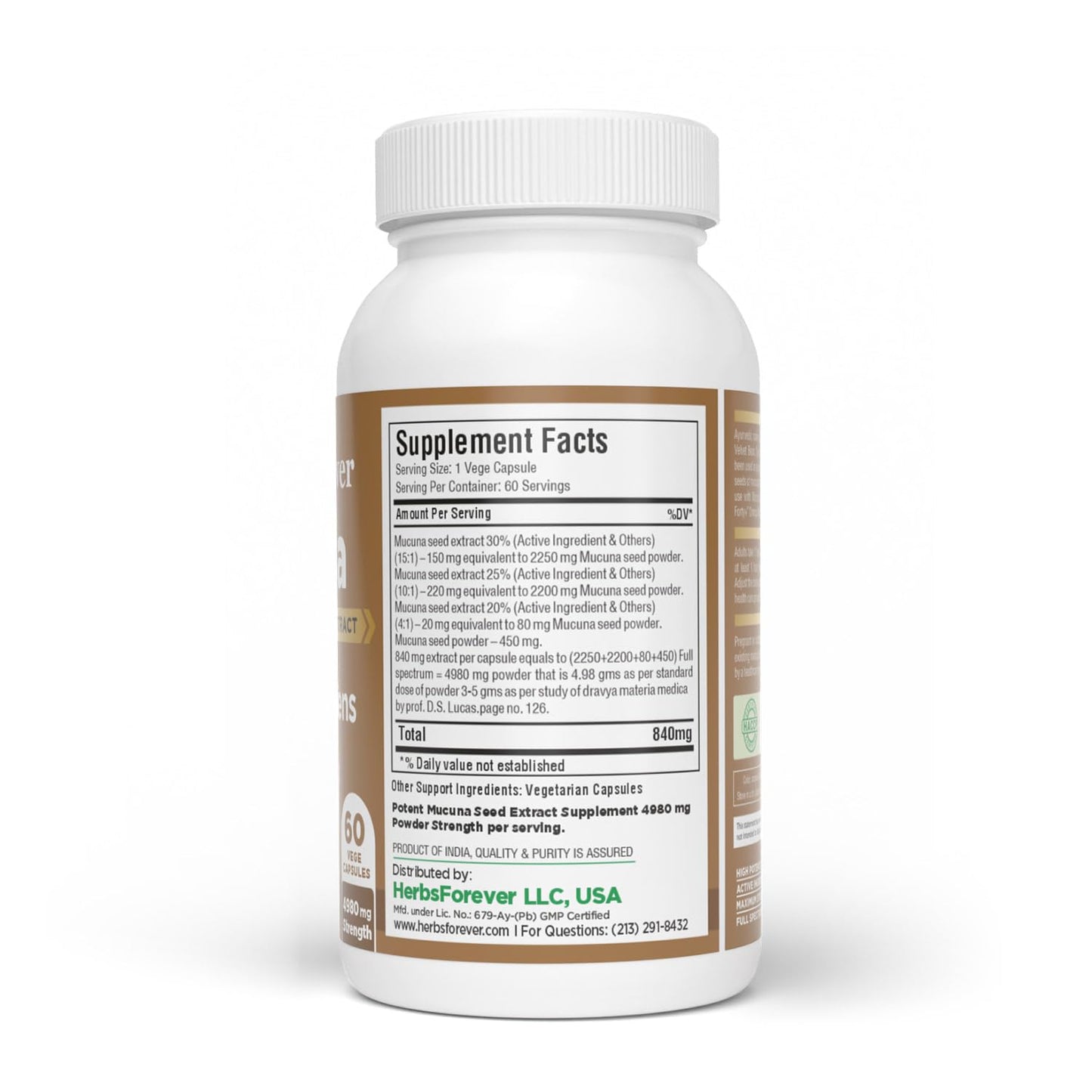 Herbsforever Mucuna Pruriens (Velvet Bean) - Extra Strength (15:1) Extract, Equiv. to 4990mg Seed Powder Per Serving - Brain & Nervous Health, Body Mass Muscles (Natural 30% L-Dapa) Capsules 60