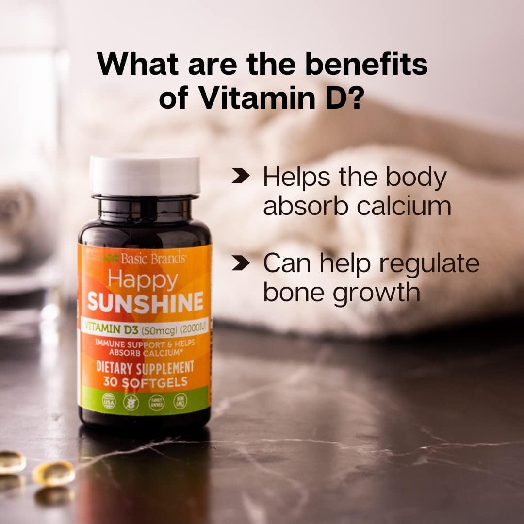 Basic Brands Happy Sunshine Vitamin D3 Softgels 2000IU Daily Vitamin D Supplements, 30 Softgels