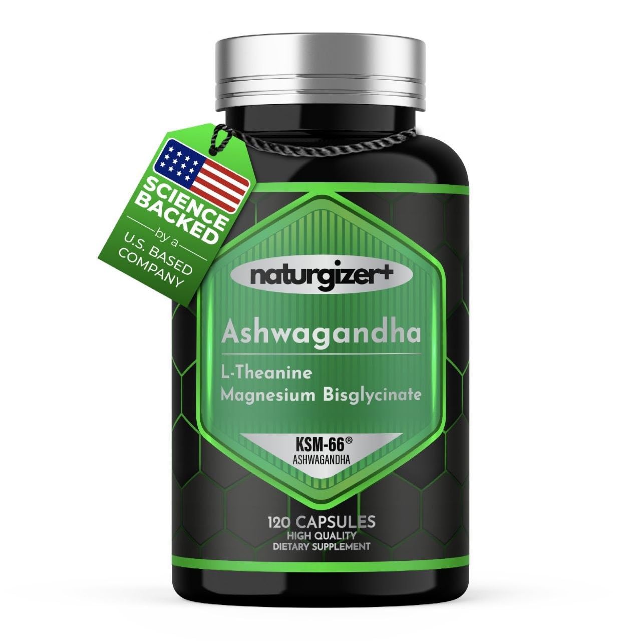 naturgizer+ Ashwagandha KSM-66 with Magnesium Glycinate Bisglycinate & L-Theanine 3-in-1 Complex Supplement for Calm Focus & Daily Balance - Vegan Non-GMO - 120 Capsules