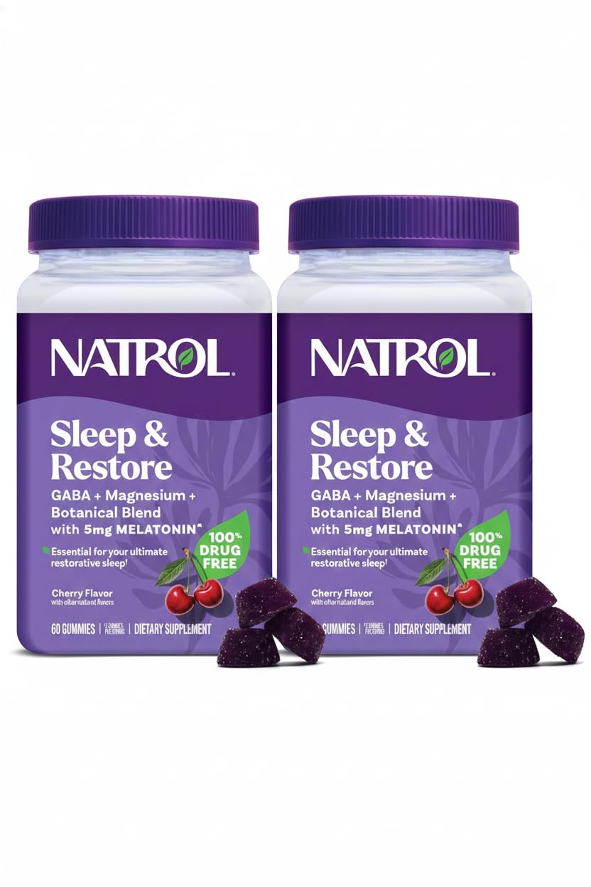Natrol Sleep + Restore Magnesium Glycinate Blend Gummies with Melatonin 5mg, Calm Magnesium with GABA, Cherry Flavor, 120 Gummies