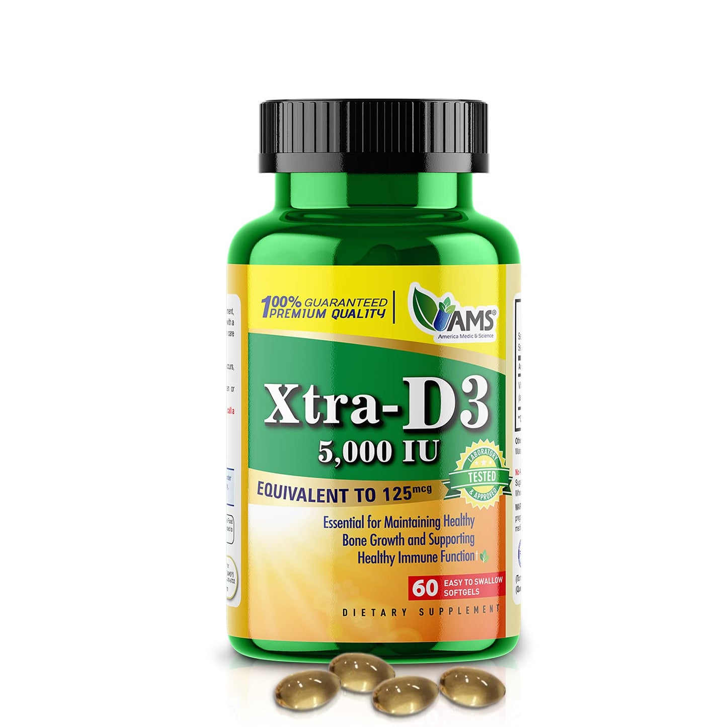 America Medic & Science Xtra D3 Vitamin D 5,000 IU (125 mcg) Cholecalciferol Supplement, 60 Softgels