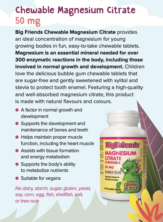 Natural Factors Magnesium Citrate 50 mg Bubble Gum Chewable 60 Count