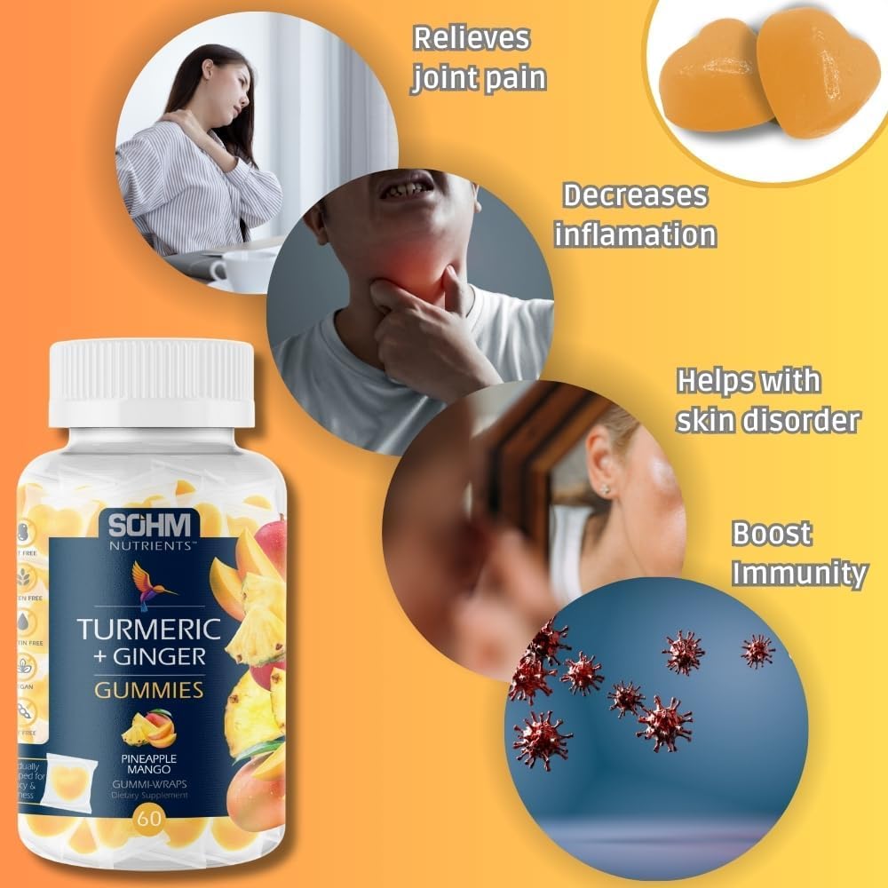 SOHM Adds Life to Lives Turmeric Ginger Gummies for Joint Support, Skin Health & Daily Wellness, Gluten & Gelatin Free, 60 Gummies