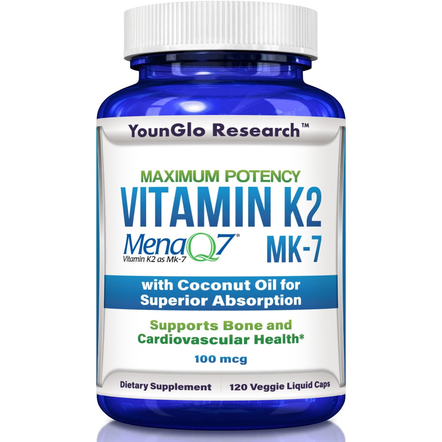 YounGlo Research Vitamin K2 MK7 (MenaQ7) 100 mcg w/Coconut Oil for Superior Absorption, Dietary Health Supplement, Capsules, 120