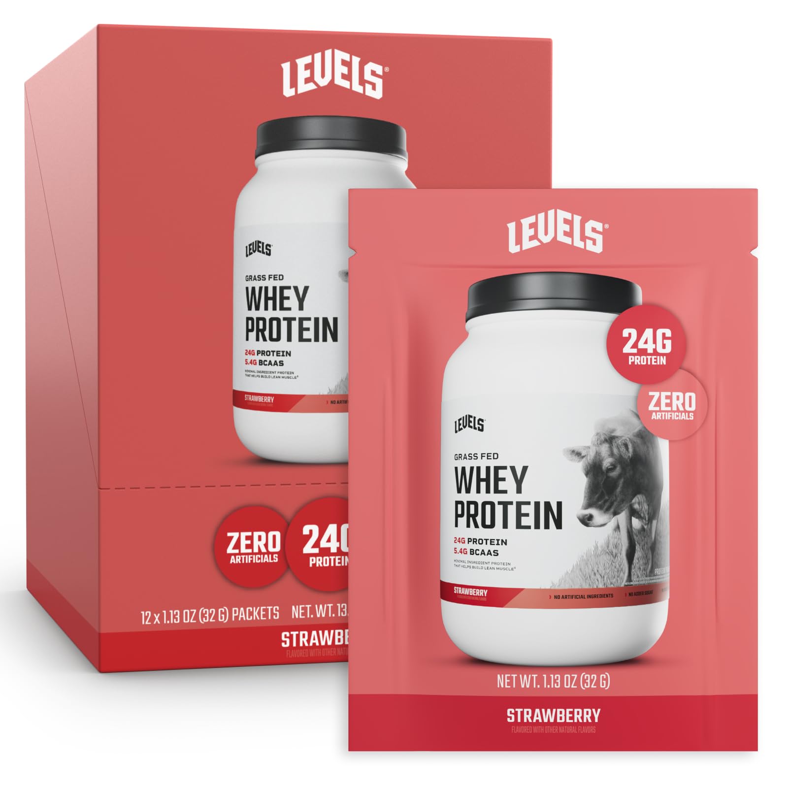 Levels Nutrition Grass Fed Whey Protein Powder Strawberry 14 Count