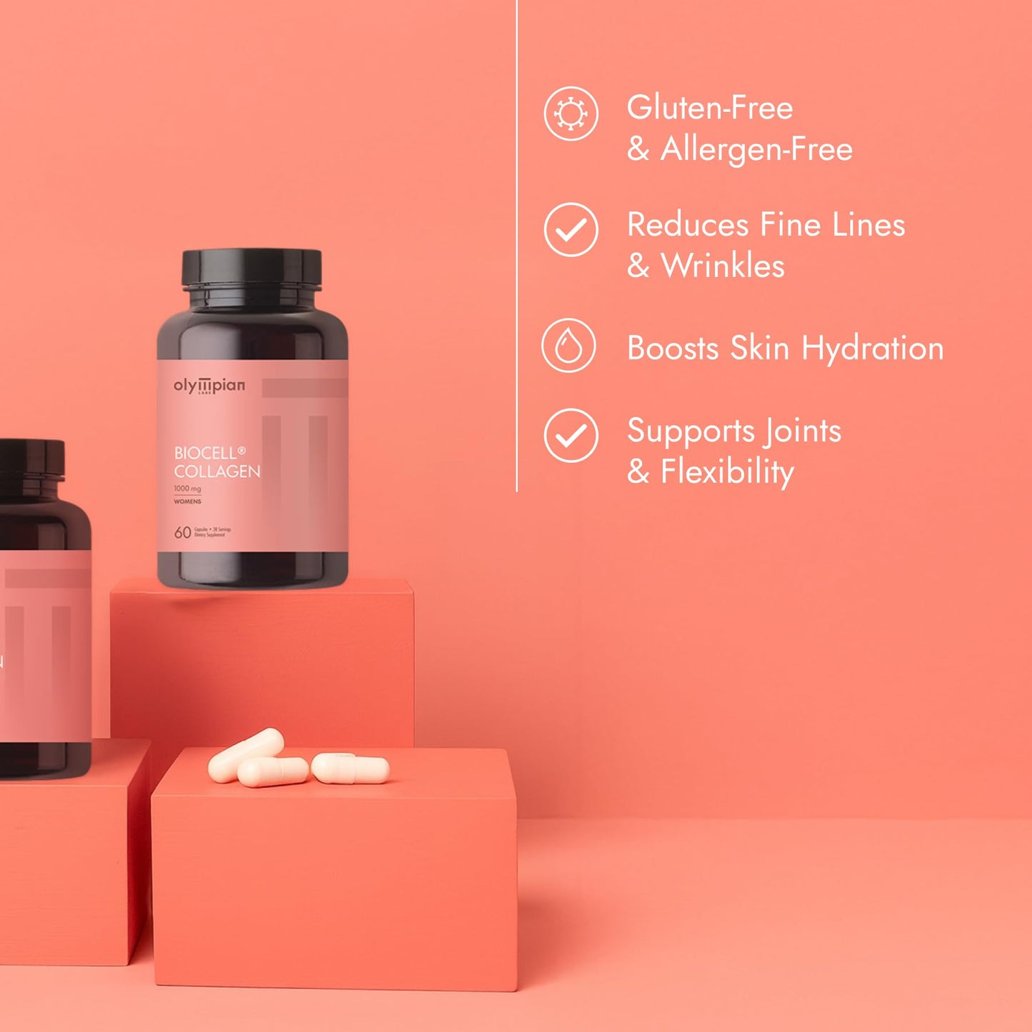Optimal Blend Olympian Labs Biocell Collagen Improve Skin Hydration, Reduce fine Lines & Wrinkles, Supports Joint Comfort and Mobility, 60 Capsules