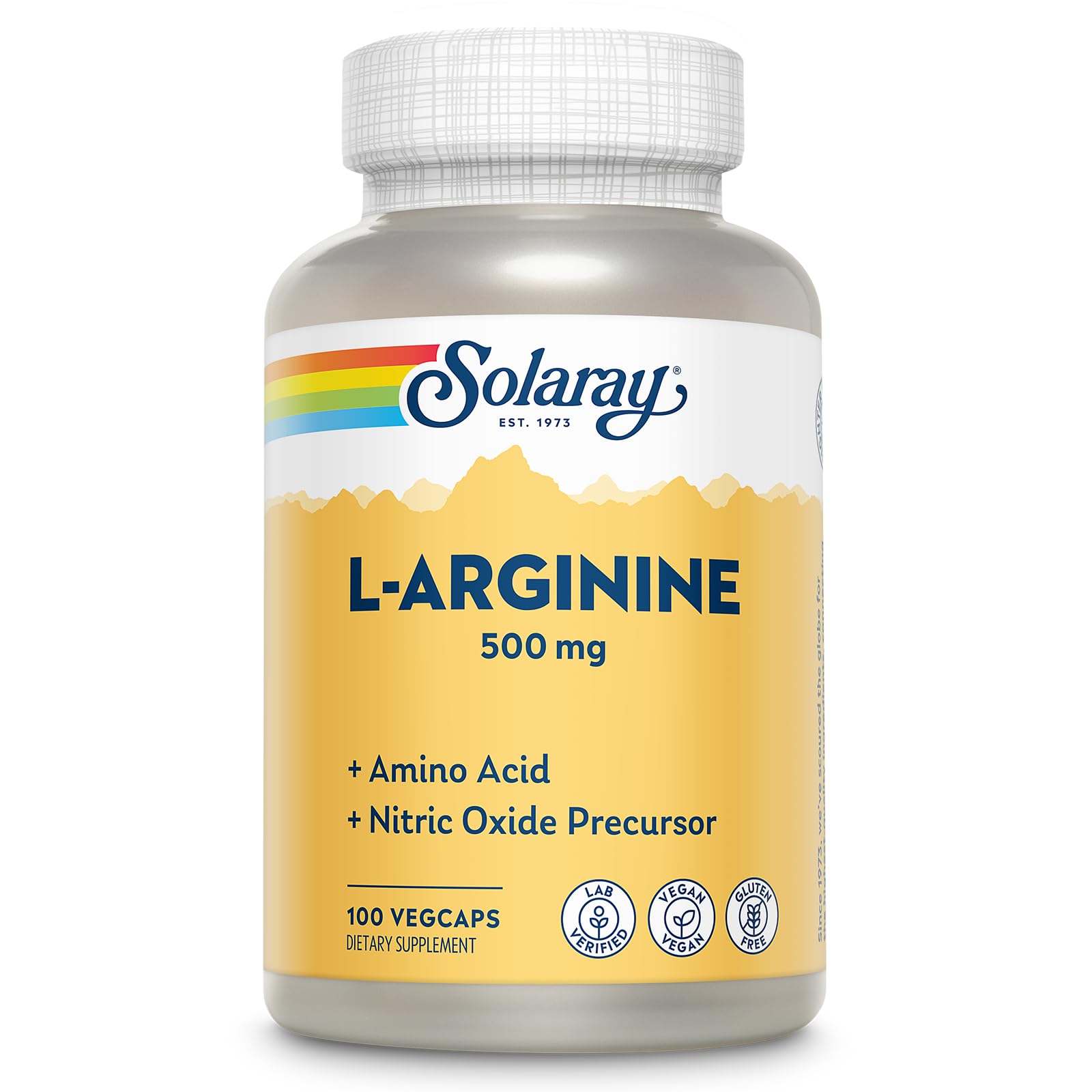 SOLARAY L-Arginine 500 mg Nitric Oxide Supplement, Endurance, Energy, Heart Health Support, Capsules, 100 VegCaps