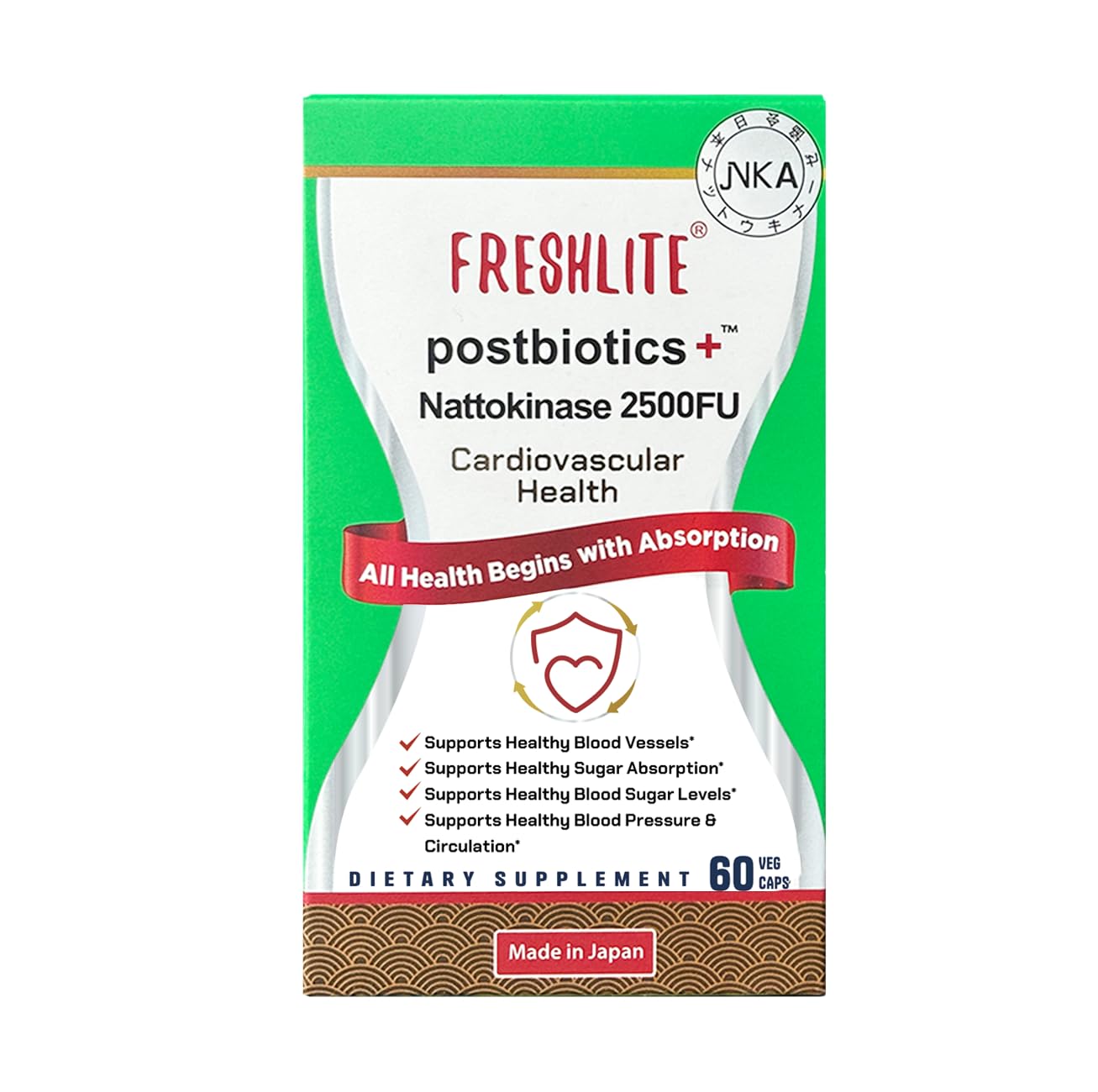 FRESHLITE Blood Pressure, Sugar Levels & Cardio Health Premium Japan NSK-KD Nattokinase 2500FU + Natural Postbiotics JNKA Certified, 60 Veg Caps