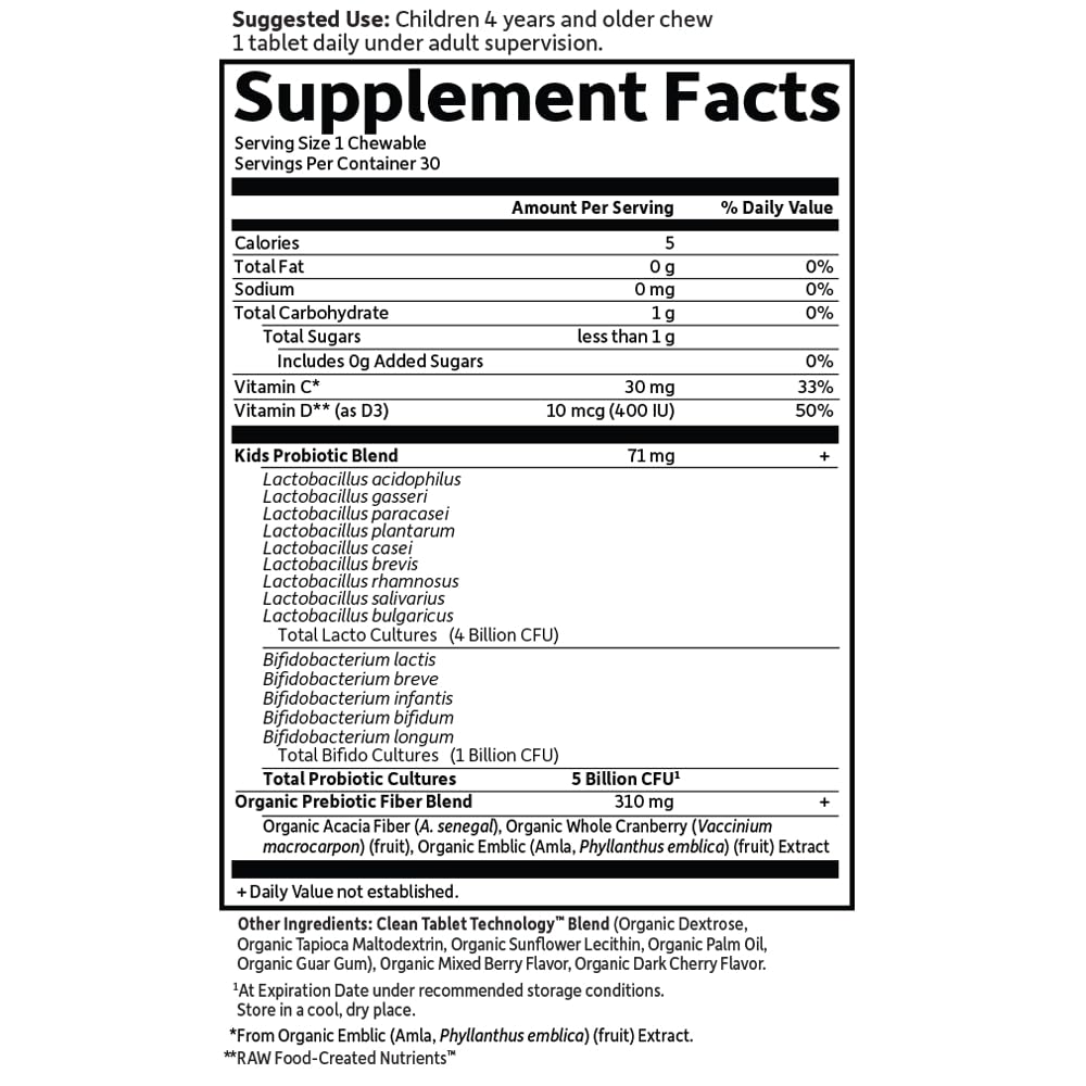 Garden of Life Dr. Formulated Probiotics Organic Kids+ plus Vitamin C & D - Berry Cherry Chewable, 30 Chewables