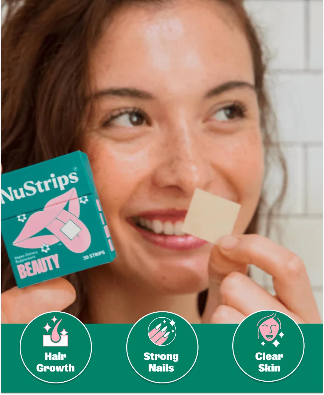 NuStrips Chewable Beauty Strips with Biotin, Folate & Vitamin E – Hair, Skin & Nails Supplement – Supports Hair Growth & Reduces Hair Fall – Non-GMO, Vegan – Delicious Strawberry, 30 Strips