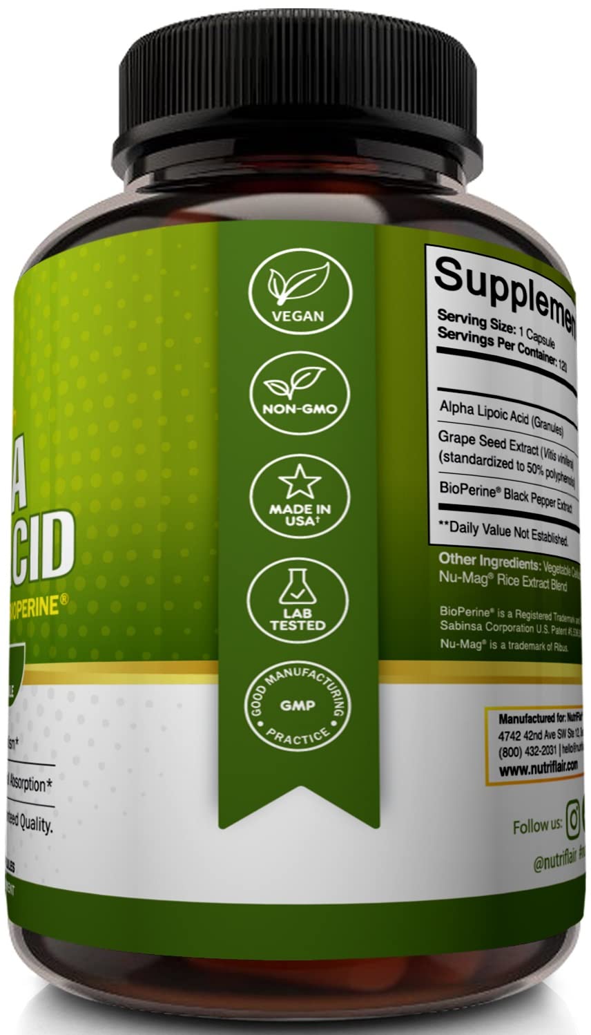 NutriFlair Alpha Lipoic Acid 600mg Capsules 120 Count