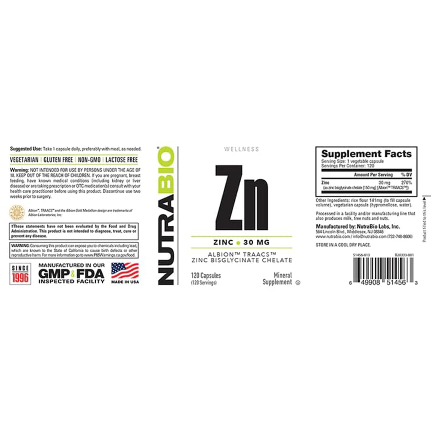 NutraBio Zinc Chelate Mineral Supplement Capsules, 120 Count