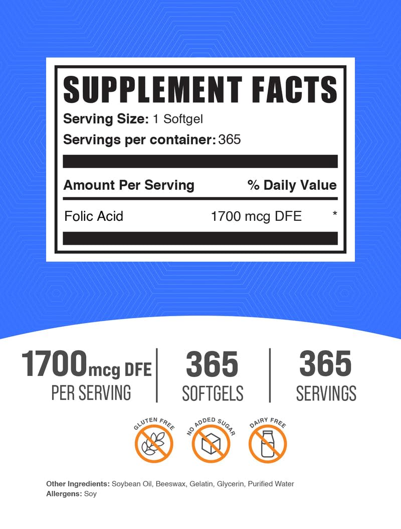 BulkSupplements Folic Acid Softgels 1000 mcg (Vitamin B9), Folate Supplement, Gluten Free, 365 Softgels