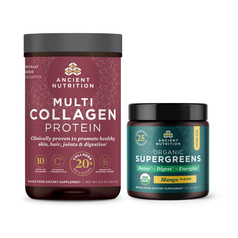 Ancient Nutrition Multi Collagen Protein Powder (Powder), Unflavored, 24 Servings + Organic Supergreens Powder (Powder), Mango, 12 Servings