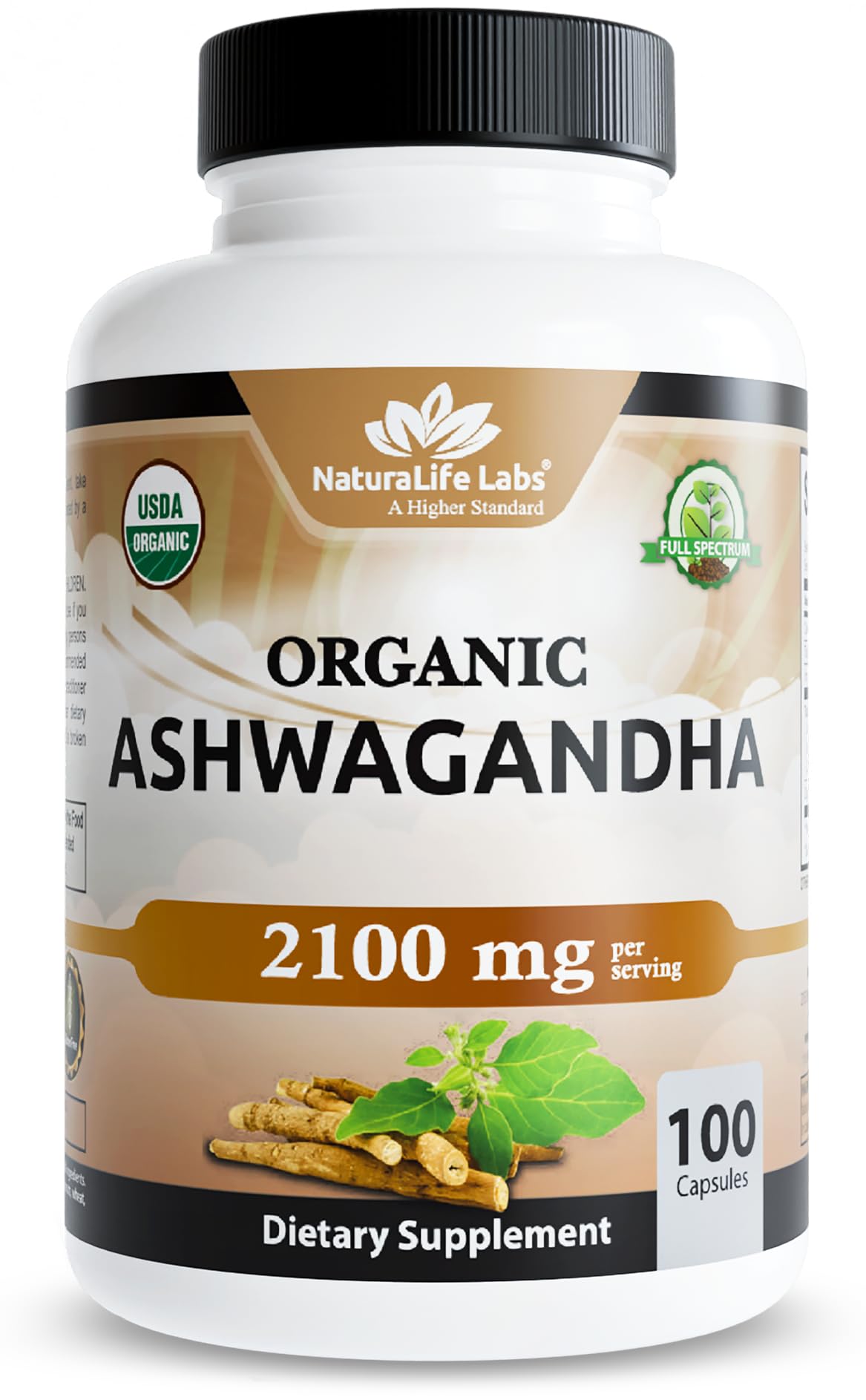 NaturaLife Labs Organic Ashwagandha 2100 mg per Serving – Full Spectrum Root Powder and Standardized Extract (Withanolides) Capsules, 100 Count