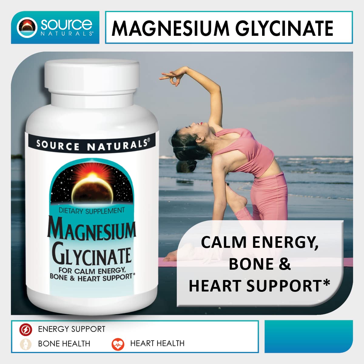 Source Naturals Magnesium Glycinate, Chelated for High Absorption for Calm Energy, Bone & Heart Support*, 200 mg per Serving, 120 Tablets