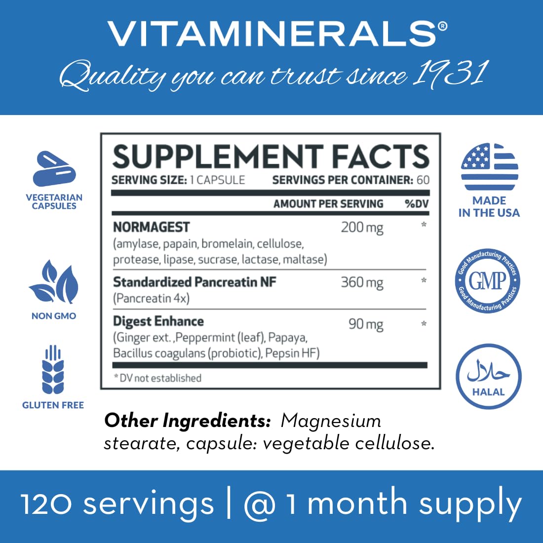 Vitaminerals 61 Normagest Digestion Support Formula for Protein, Fats & Carbs, Capsules, 60 Count