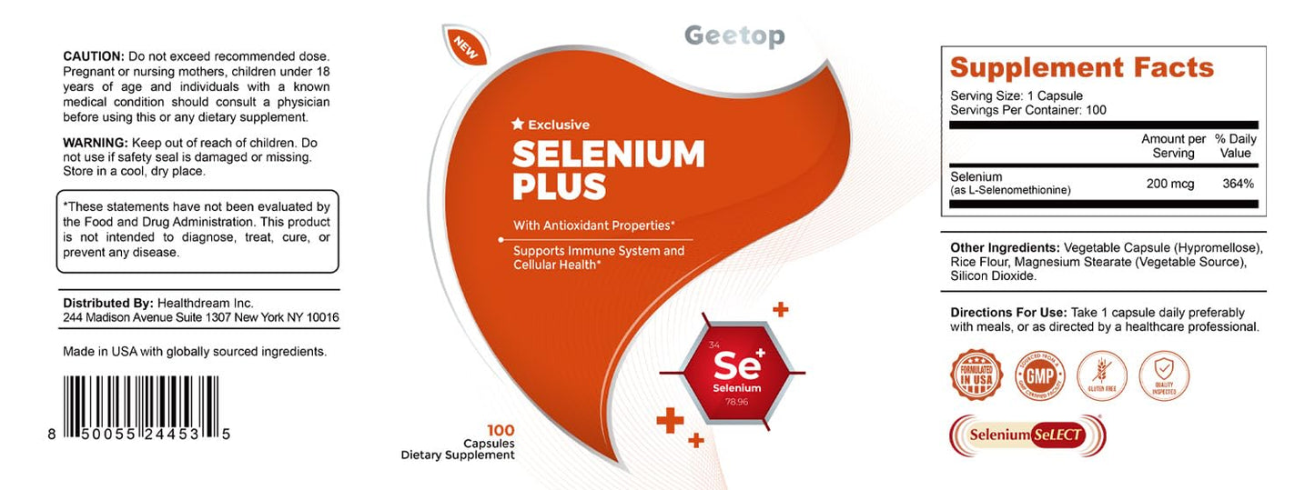 Geetop Selenium 200mcg Thyroid Support Supplement for Women and Men Vegan Capsules 100 Count