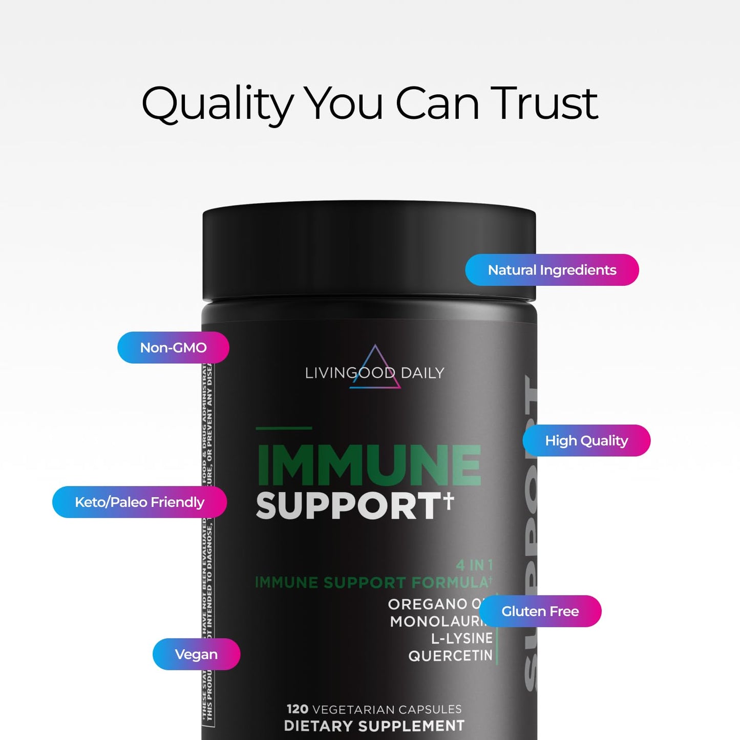 Livingood Daily Immune Support Supplement, 4-in-1 Formula with Oregano Oil, Monolaurin, L Lysine & Quercetin, Gut & Digestive Health, 120 Capsules