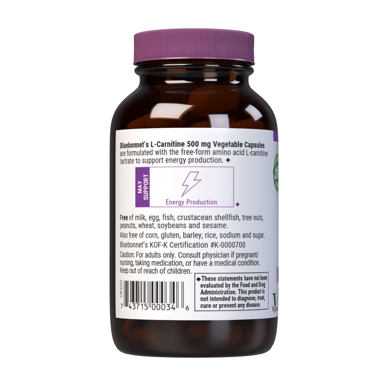 BlueBonnet L-Carnitine Tartrate 500mg Free Form Amino Acid Capsules, 60 Capsules