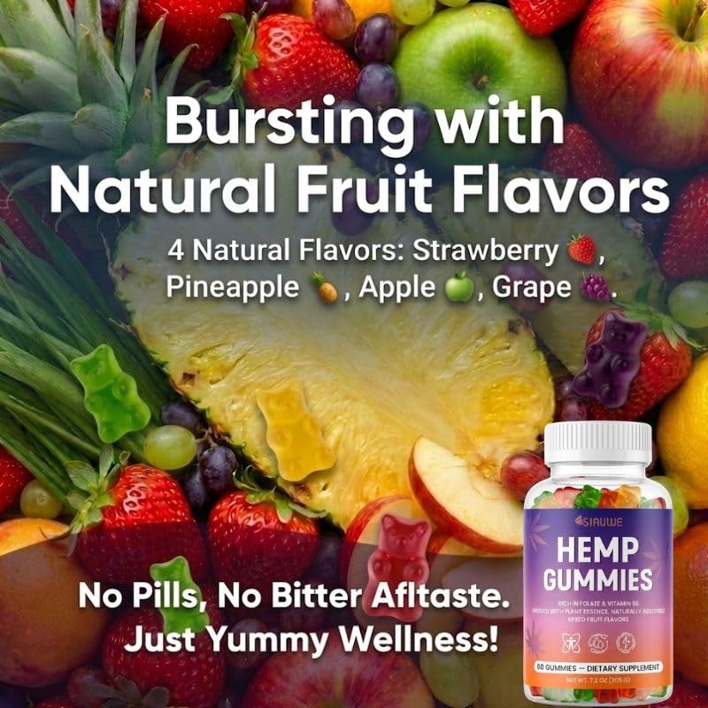 SIAUWE Hemp Gummies for Adults with Hemp Seed Oil, Vitamin C & B6 Gummy 60 Count