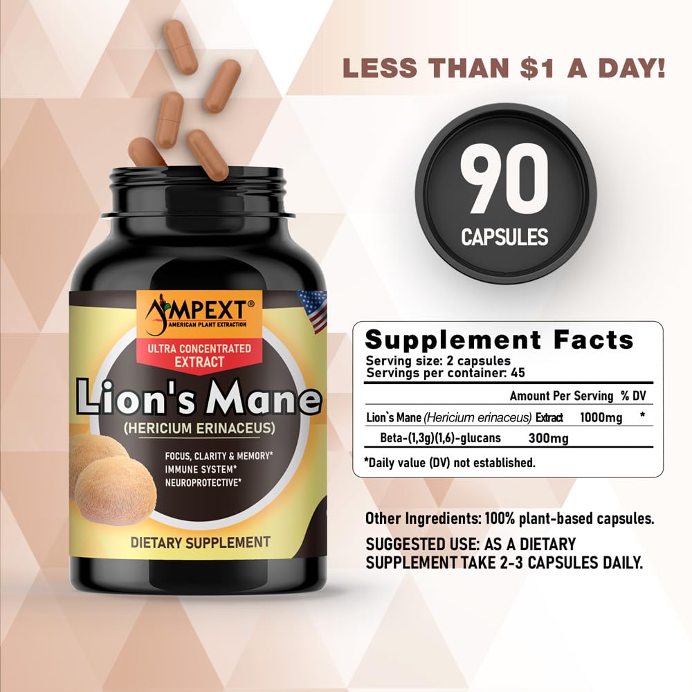 AMPEXT Lion’s Mane Mushroom Extract Capsule 90 Count
