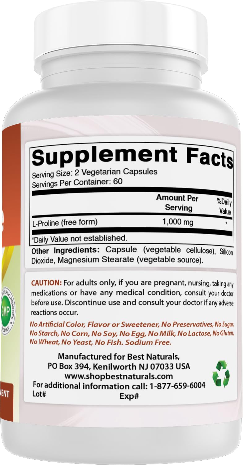 Best Naturals L-proline Amino Acid Dietary Supplement 500 Mg Capsule, 120 Count