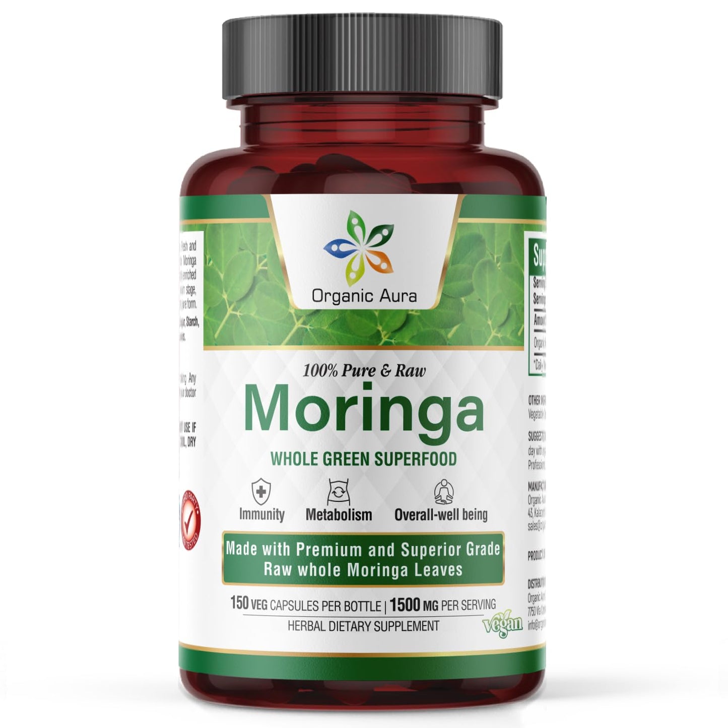 Organic Aura International Moringa Leaf Capsules 1500mg, 150 Capsules