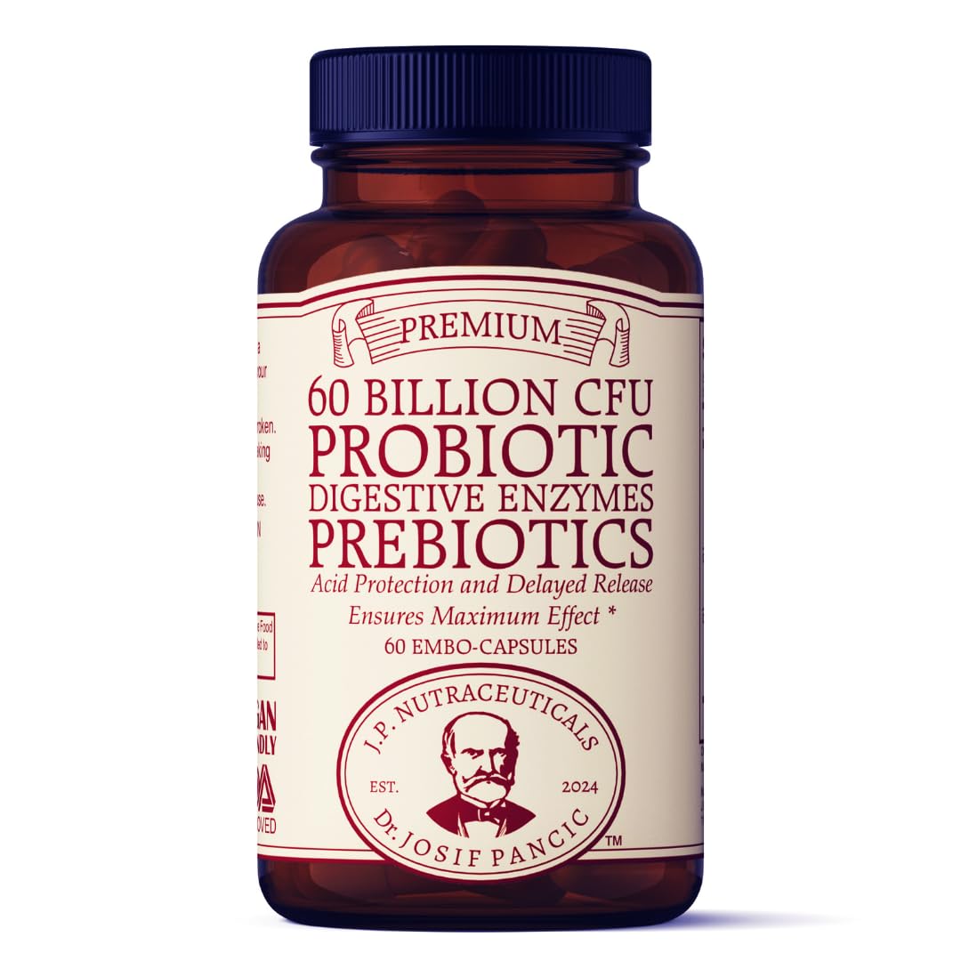 J.P. Nutraceuticals Dr. Josif Pancic, Probiotic and Prebiotic Supplement, 60 Billion CFU, Digestive Enzymes, Acid Protection, Delayed Release, 60 Capsules, 60 Day Supply