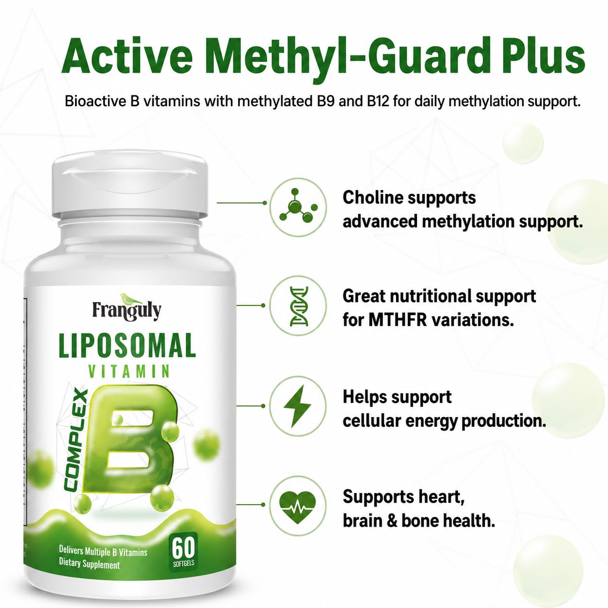 Franguly Liposomal B Complex for High Absorption Methylated B12, L-Methyfolate (5-MTHF), Full Active B Vitamins with Choline Inositol - Capsule, 90 Capsules