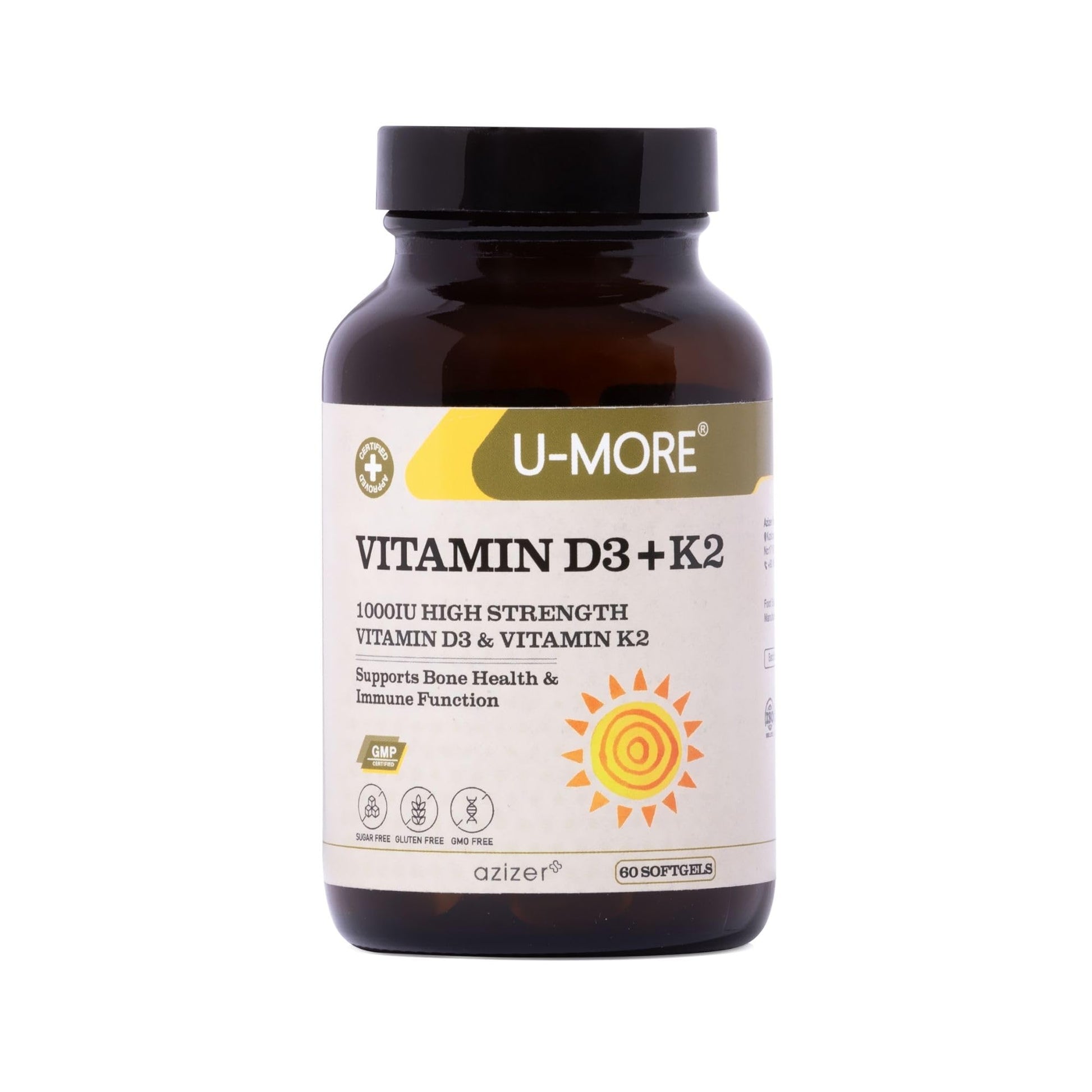 U-MORE Vitamin D3 & K2 (Menaquinone 7) 1000 IU Softgels 60 Count