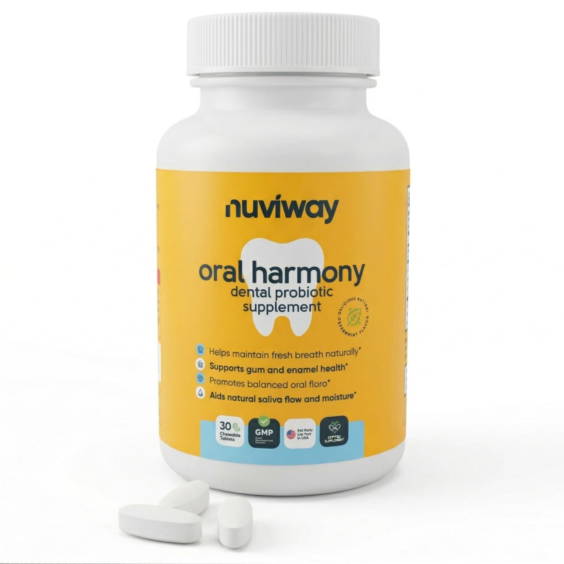 Nuviway Oral Harmony Probiotic Chewable Tablets for Tonsil Stones, Bad Breath, Gum & Teeth Support - 3.5 Billion CFU L. Reuteri BL-04, Fresh Breath and Throat Health, 30 Count