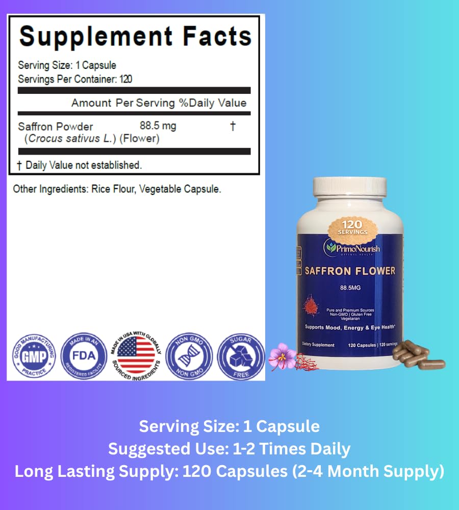 PrimoNourish Premium Saffron Extract Supplement Capsules 120 Count