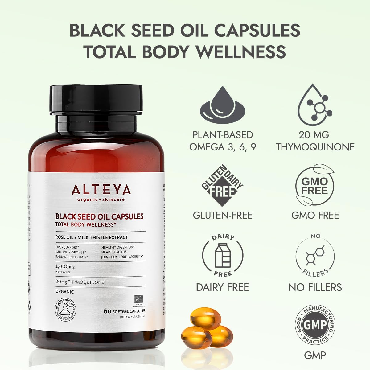 Alteya Black Seed Oil and Rose Oil Supplement with Milk Thistle Extract Capsule 60 Count
