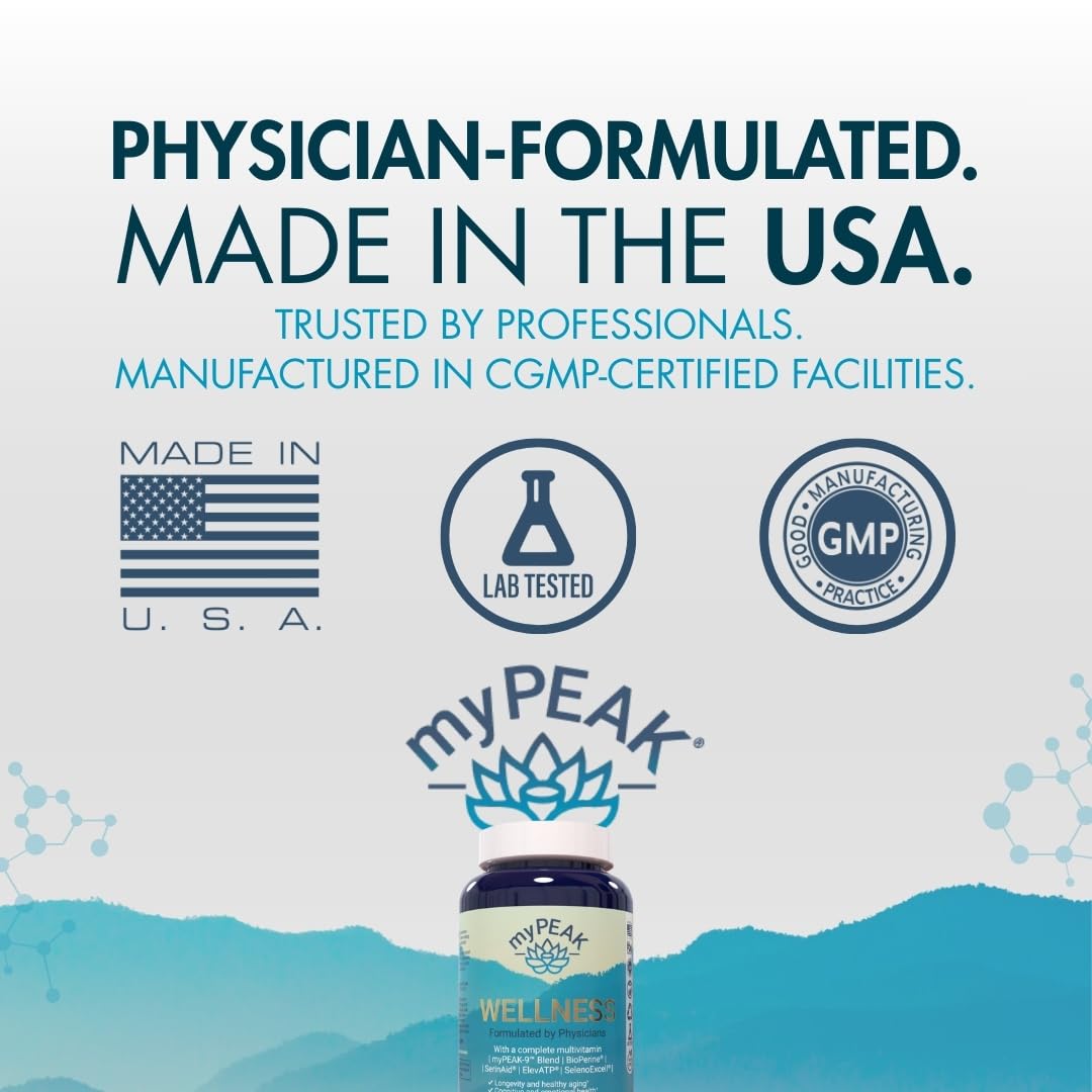 myPEAK Wellness Award-Winning Vegan Multivitamin with ElevATP Ancient Peat Extract, Natural Astaxanthin, Iron, Resveratrol and Alpha GPC, Immunity Booster, All-in-One for Men and Women, 90 Capsules