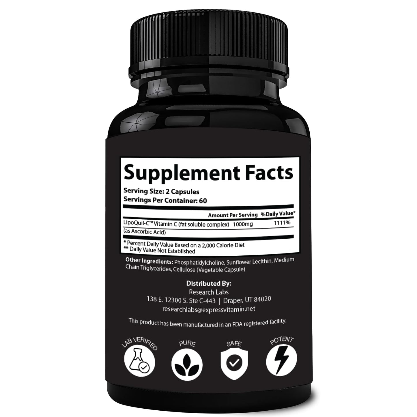 Research Labs Liposomal Vitamin C Supplement with Enhanced Absorption LipoQuil-C, 240 Capsules