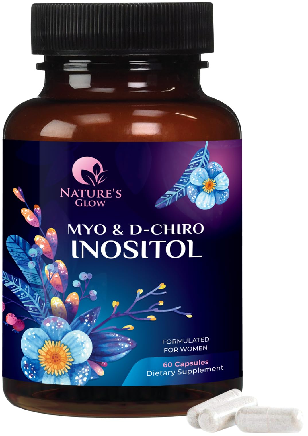 Nature's Glow Myo-Inositol & D-Chiro Inositol 1025mg 40:1 Ratio for Ovarian Support, Vegan Myo & D-Chiro Supplement, Vitamin B8, Non-GMO, 60 Capsules