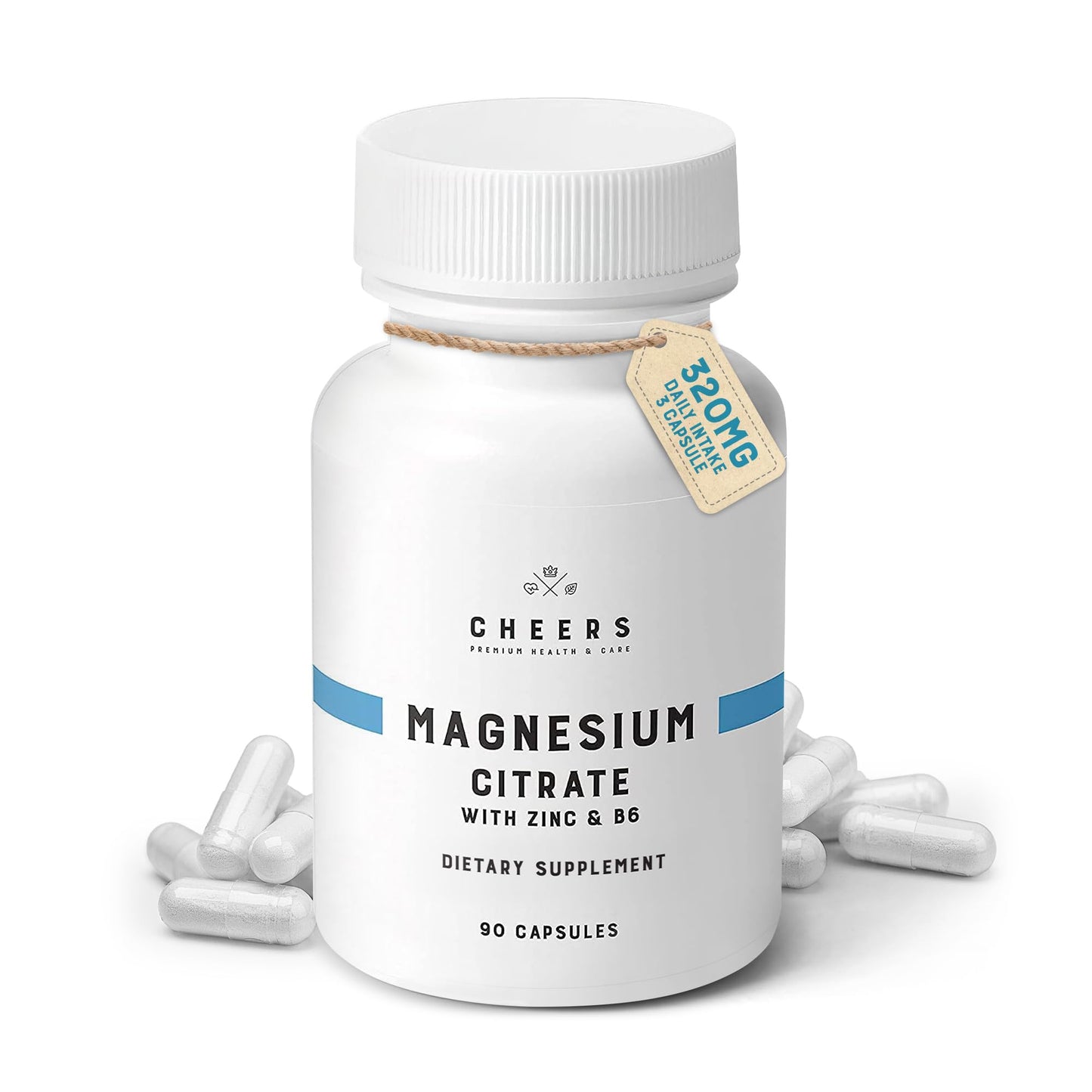 CHEERS Magnesium Citrate Complex with Zinc & B6 320mg High Absorption, Muscle, Nerve & Bone Support, 90 Capsules, Non-GMO, Vegan